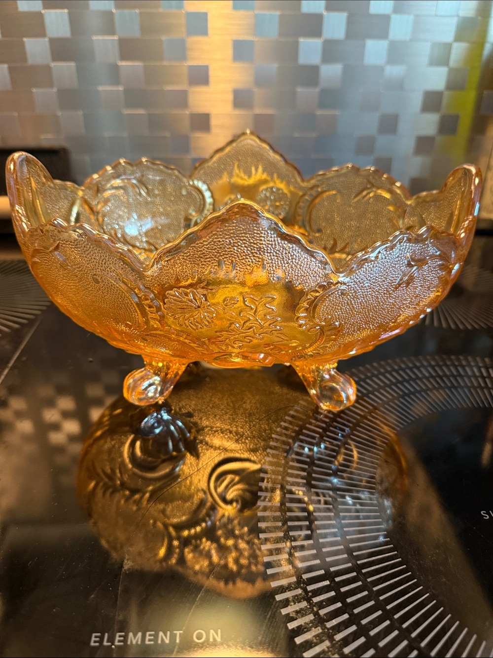 Decorative Amber Carnival Glass Footed Bowl - Home Art